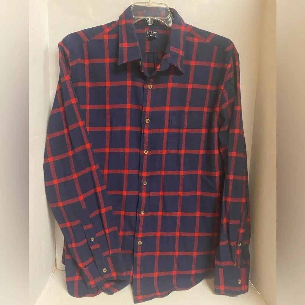 J. Crew Men's Classic Blue and Red Flannel Shirt Size XL